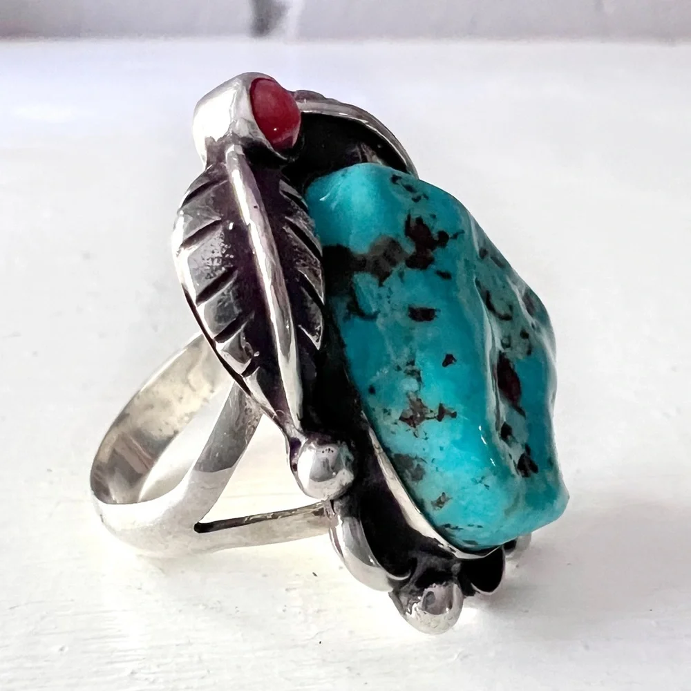 ✨ New Large ARTISAN Southwestern Turquoise & Coral Sterling Silver Ring USA Made